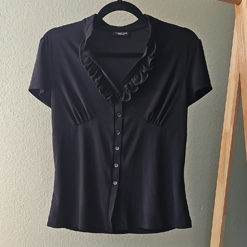 Perseption Concept Black Ruffled Neckline Blouse